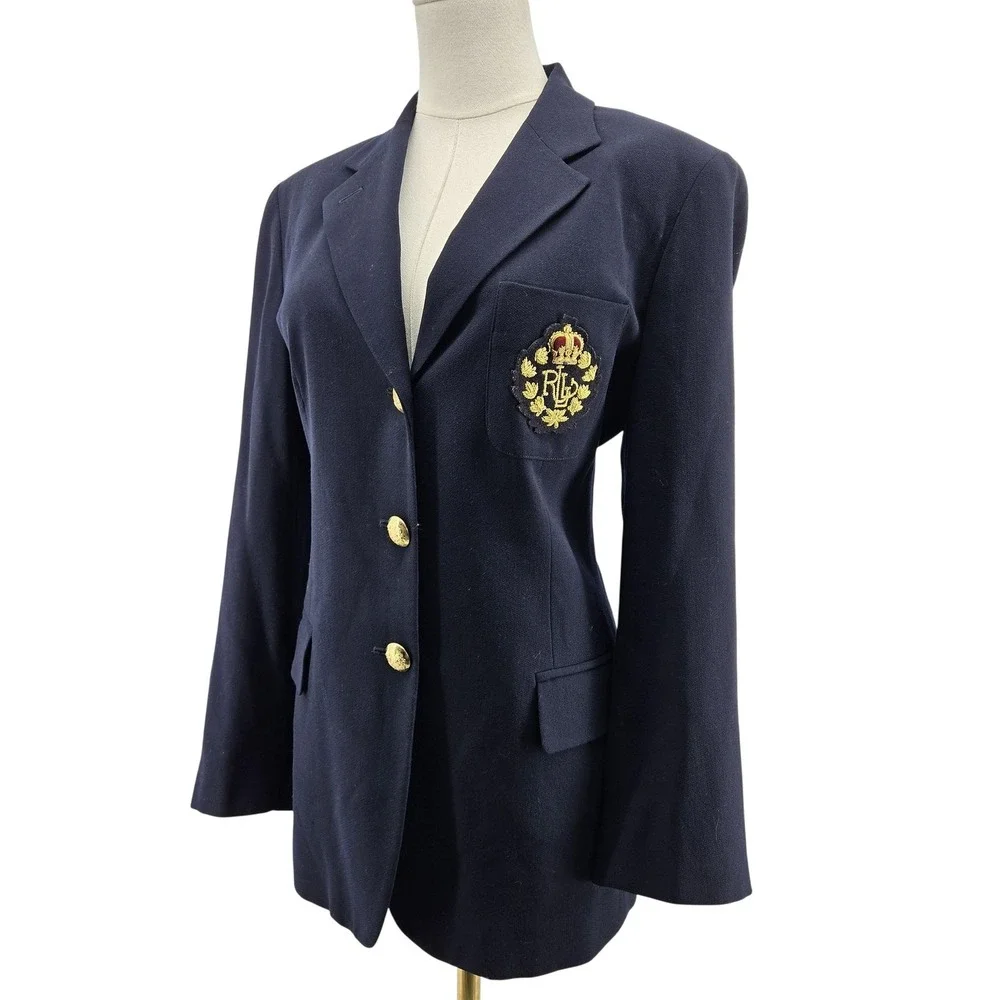 Lauren Ralph Lauren Blazer Womens 12P Petite Blue Wool Three-Button Jacket